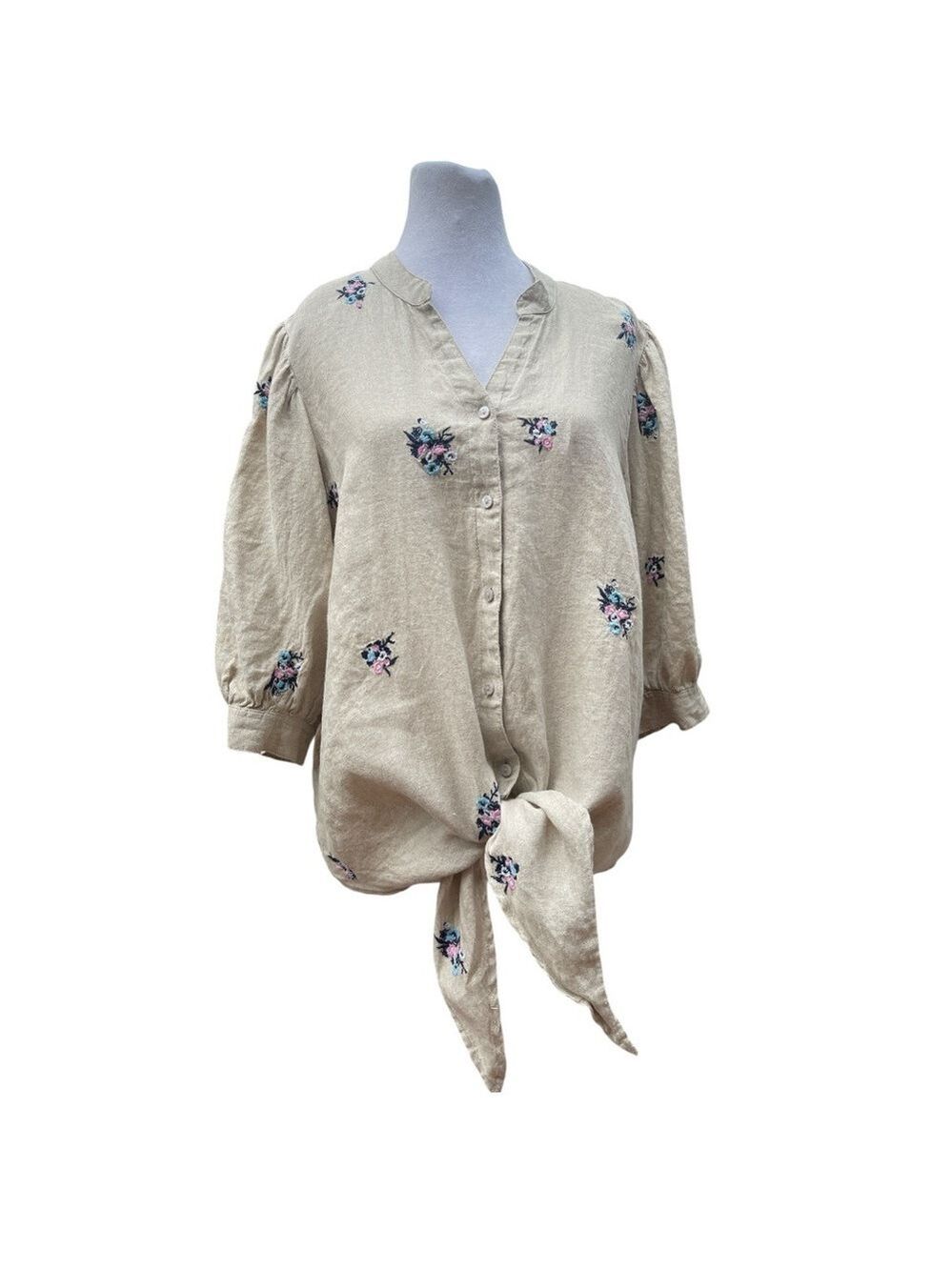 CHARTER CLUB L beige & embrodiered flower puff 1/2 sleeve waist tie linen blouse